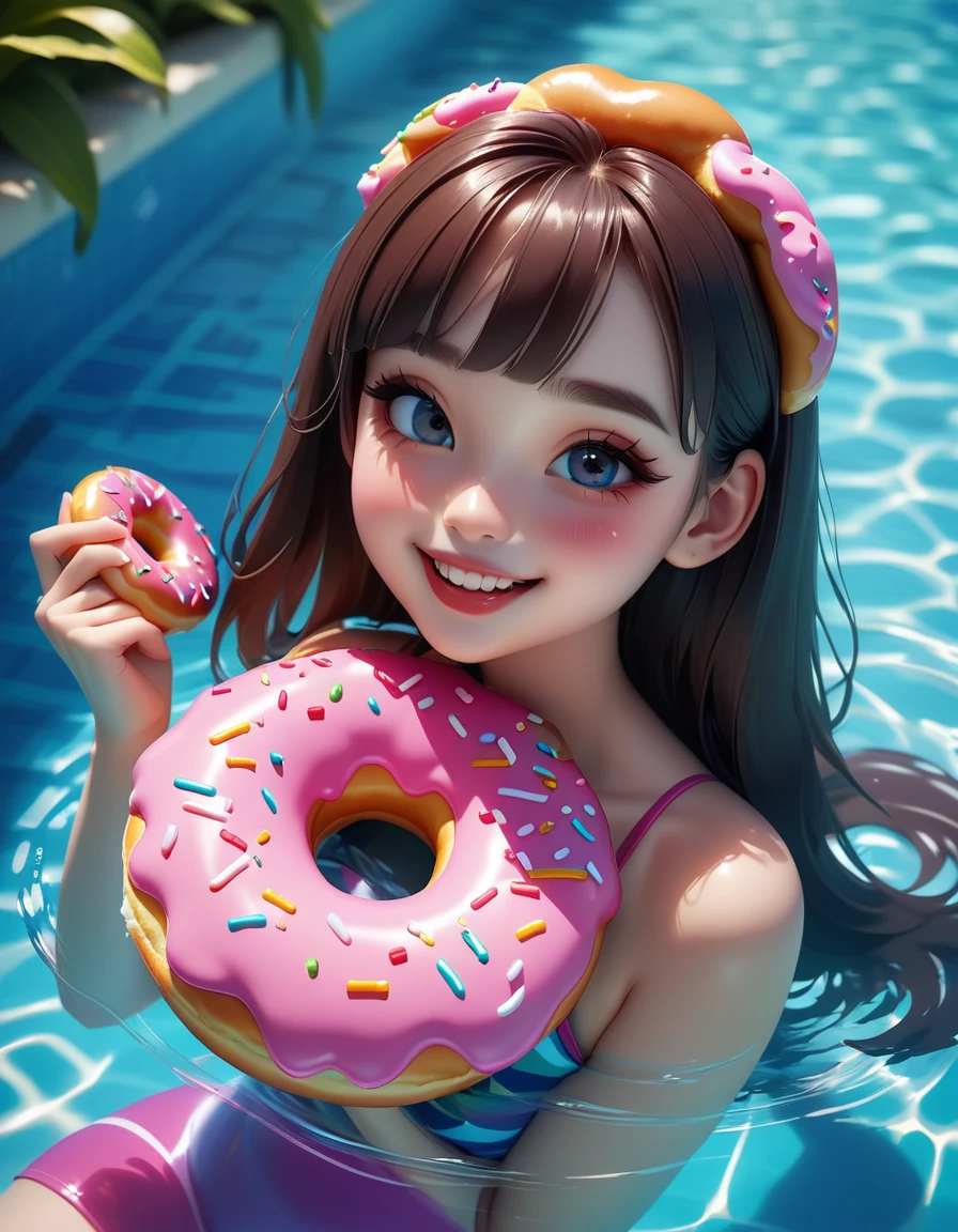 A girl eating a donut:1.7、5age、smile、Floating in the pool with a donut swim ring、Donut bite mark、Detailed skin、Lips Lipgloss、、Beautiful detailed eyes、Beautiful detailed lips、Highly detailed face、Long eyelashes、high quality、8k、Real、Photorealistic、Bright colors、Soft lighting、Cinematic、Portrait