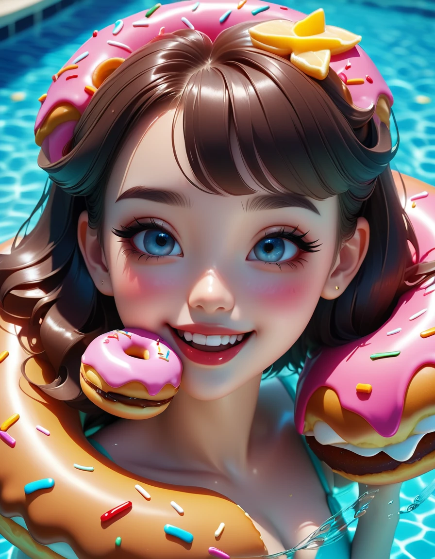 A girl eating a donut:1.7、５age、smile、Floating in the pool with a donut swim ring、Donut bite mark、Detailed skin、Lips Lipgloss、、Beautiful detailed eyes、Beautiful detailed lips、Highly detailed face、Long eyelashes、high quality、8k、Real、Photorealistic、Bright colors、Soft lighting、Cinematic、Portrait