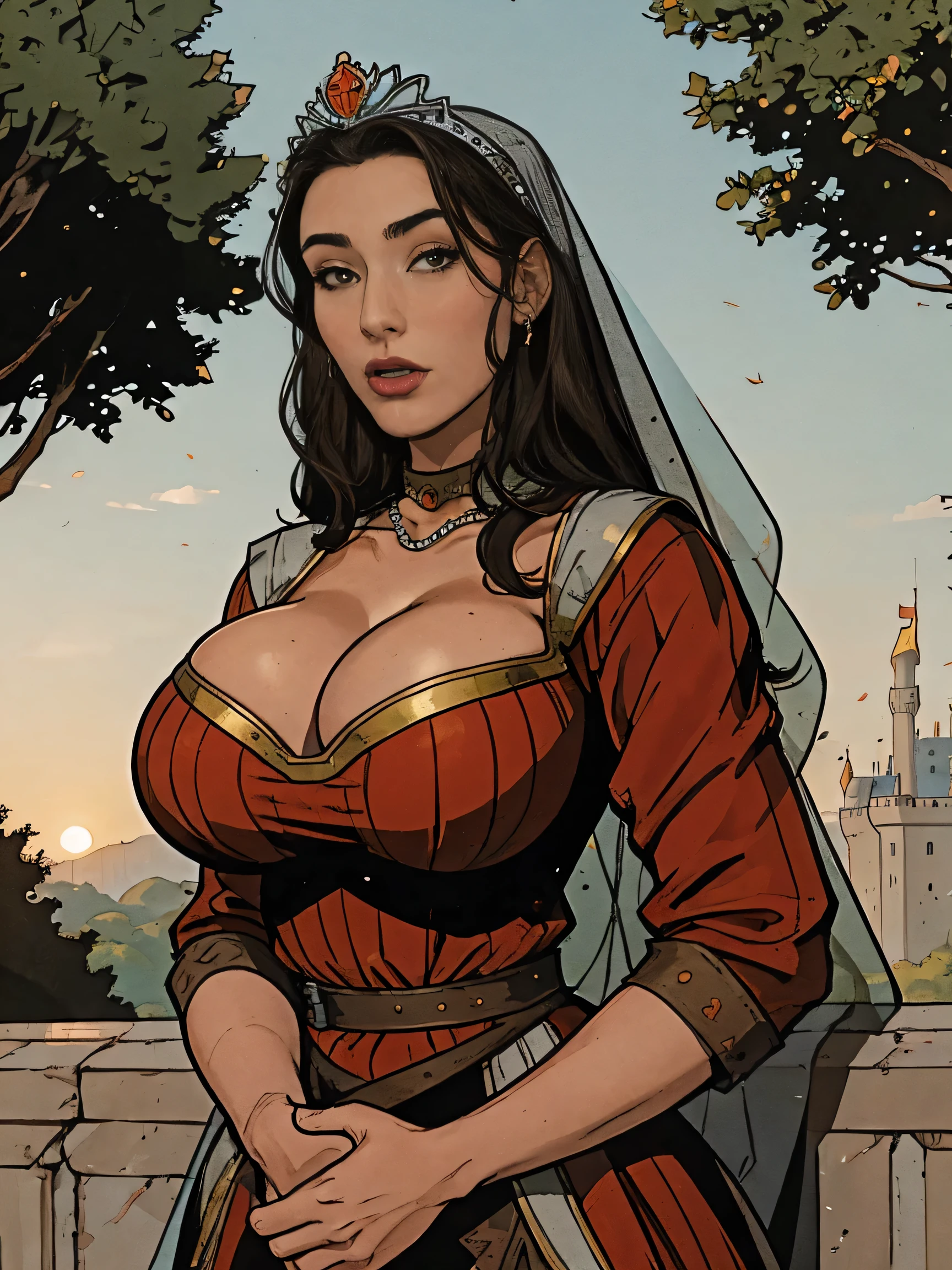 Beautiful and sensual busty athletic (fine tune) brunette queen with striking facial features wearing a modest hairstyle, dark red medieval dress, long sleeves, intricate patterns, arabesques, wide neck, tails, veil, long robe, modest dress, tight bodice, (Silver Waist Chain), medieval jewelry, middle Ages, castle, wall, wand, outer, on top of a castle wand, Trees, hinterland, natta, sunset.