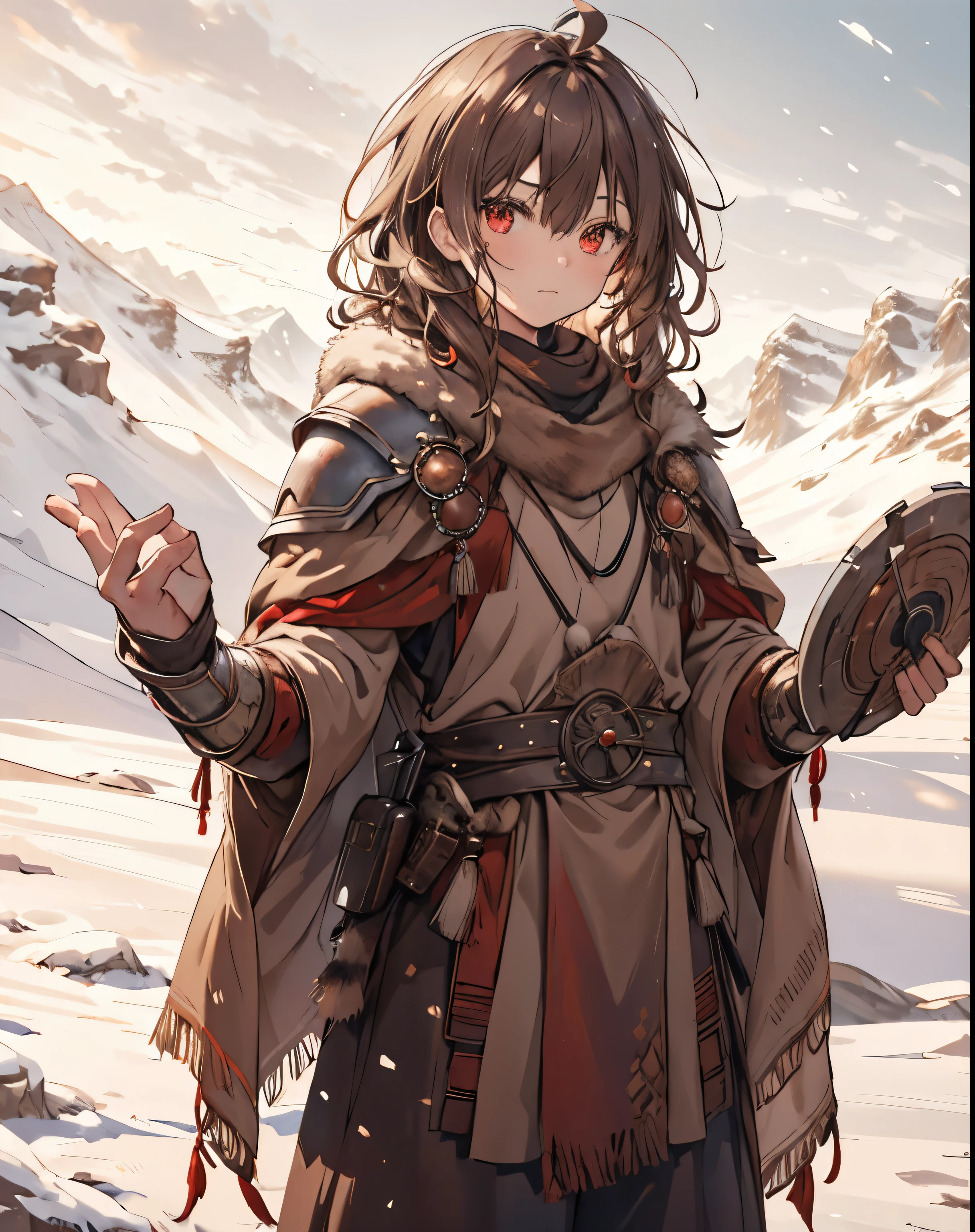 masterpiece, 1men, sparrow, a brown haired men, wearing a mongolian clothes, curly medium hair, messy hair, slim body, wearing villager clothes, he close her left eye, serious expression, red eyes, stand at snowy forest, ahoge, shawl, full armor, bring big shield in his back, beautiful eyes, cute face, MongolPunkAI