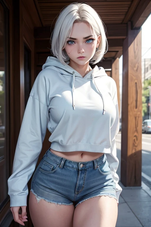 Beautiful girl of 19 years firm body perfect breasts detailed face blushing angry expression lucky hoodie short jeans white hair light blue eyes 