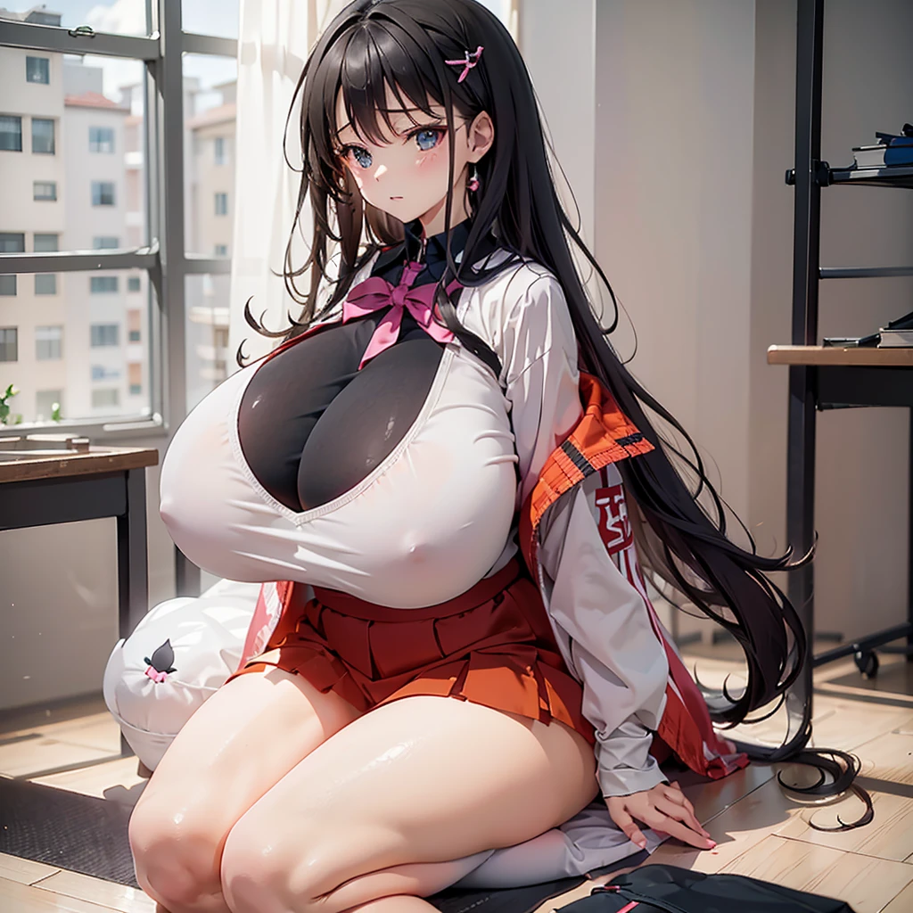 elementary school student,a woman with huge is sitting on the floor, superflat, optical illusion, by Nagasawa Rosetsu, big brehuge breasts, big breasg breastsrge bosum