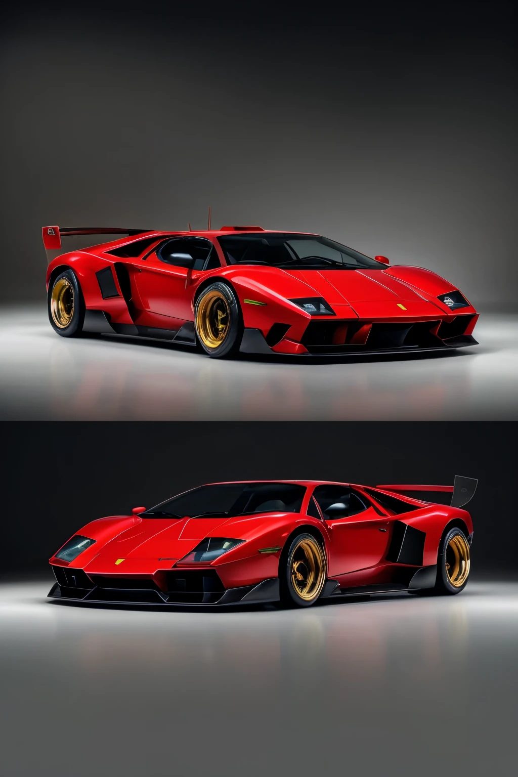 A magnificent fusion of Lamborghini Countach and Ferrari F-40, showcasing the best of both iconic supercars. The design is a harmonious blend of sharp, angular lines reminiscent of the Countach, coupled with the sleek, aerodynamic curves of the F-40. The engine roars as it hums along, its powerful engine a testament to the fusion of Lamborghini's V12 and Ferrari's V8. The body is painted in a vibrant, metallic red, with glossy black accents, reflecting the light with every move. The front features a distinctive, angular grille, while the rear sports designer-