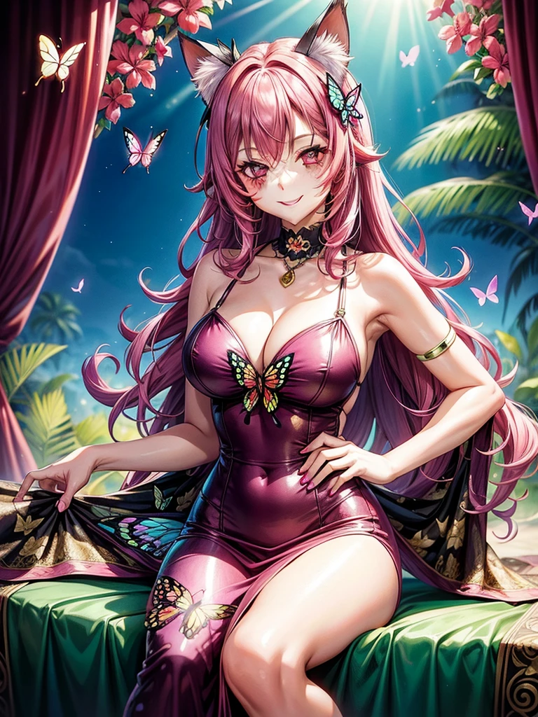 Magenta hair, older woman, cat ears, long hair, smiling face, sexy outfit, butterflies, butterfly background, tropical background, pink and gold dress outfit
