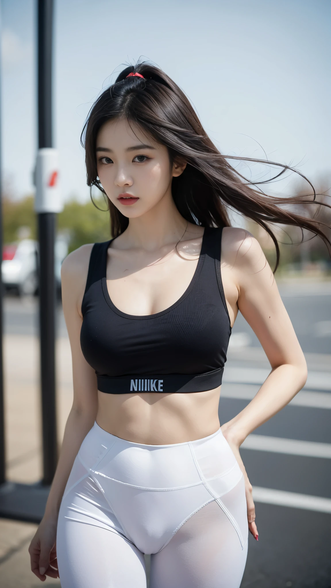 surreal korean girl, pale skin, beautiful face, long hair, The wind blowing through her long underwear, Wearing a bra and Nike gym leggings.