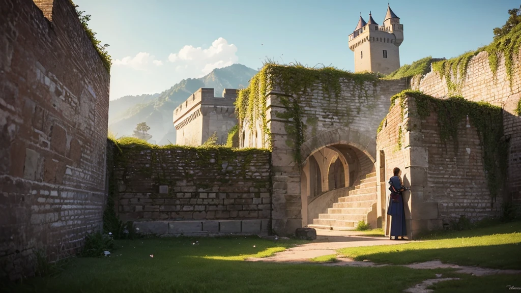 a couple,Walls of an old fortress or castle with hearts engraved on them, symbolizing the love that has withstood the passage of time and hardships. Environment: Nostalgic and epic, evoking the resistance and strength of love in the face of challenges and