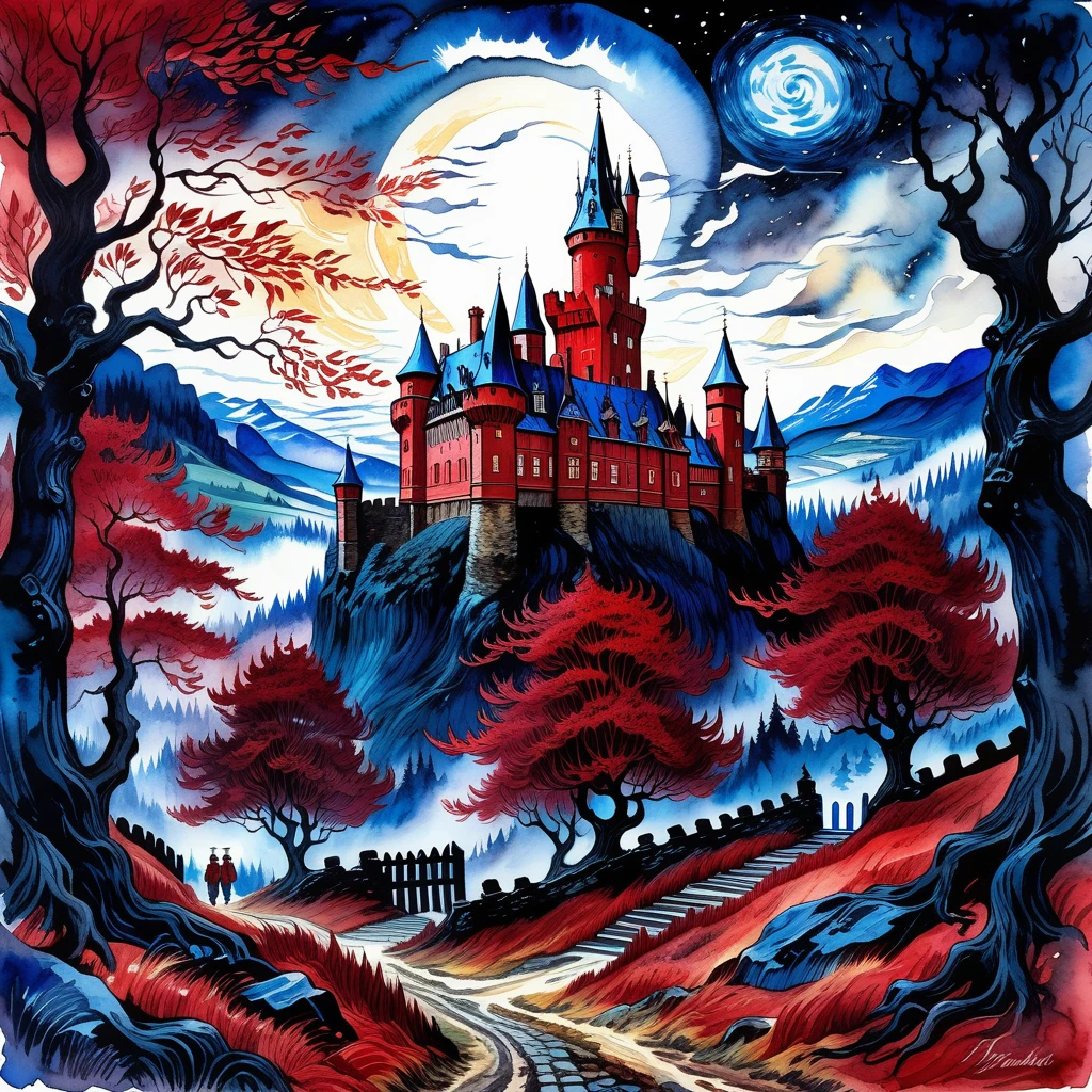 a fantasy landscape, Castle surounded by dark trecherous forest, transalvaina in a very dark firey red color, van gogh style, Watercolor, trending on artstation, sharp focus, studio photo, intricate details, highly detailed and in the corner a blue tardis with folk walking the pathway from it to the castle, , beware the doctor has arrived