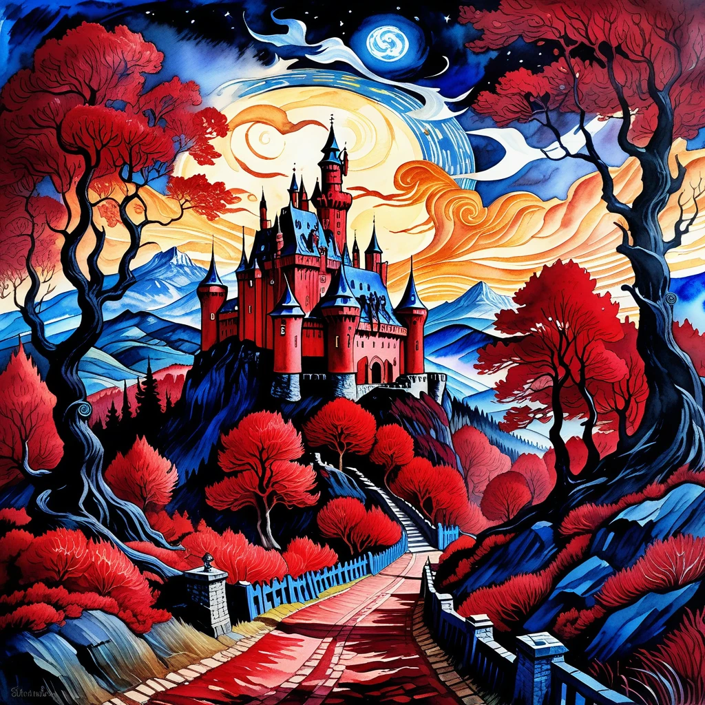 a fantasy landscape, Castle surounded by dark trecherous forest, transalvaina in a very dark firey red color, van gogh style, Watercolor, trending on artstation, sharp focus, studio photo, intricate details, highly detailed and in the corner a blue tardis with folk walking the pathway from it to the castle, , beware the doctor has arrived