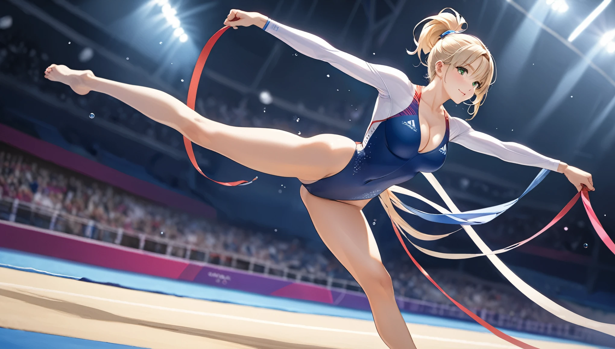 She is performing rhythmic gymnastics using ribbons, One leg raised wide, cameltoe, full body, Highest quality、Best image quality、masterpiece、One Girl、26 years old、Best Bust、Big Breasts、Beautiful Eyes、blonde, Green Eyes、untie ponytail、Long Hair、Natural smile、female gymnastics athlete, Sparkly long sleeve leotard、High Leg、from the front、dynamic angle, At the Olympic Gymnastics Hall、Arena with a large audience、Shallow depth of field、