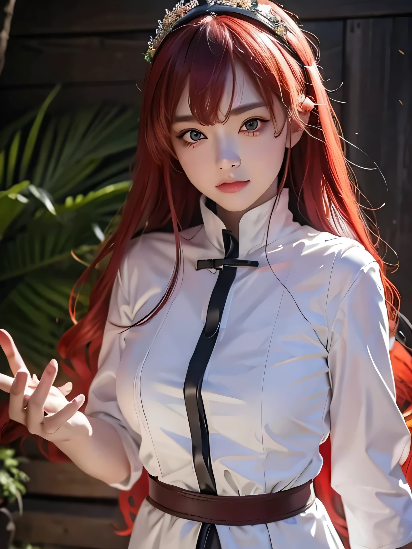 1 girl, Eris greyrat, Eyes red, bonitas , ssmile, Red head, white  clothes, realistic clothing, detailed clothing, village background, holding an epée, blood splatters, Depth of field, natta, red light particles, lightrays, side lighting ,best qualityer, high resolution, extremely detaild , 8k, highly realistic, ultra-realistic, Realistic Photos, 