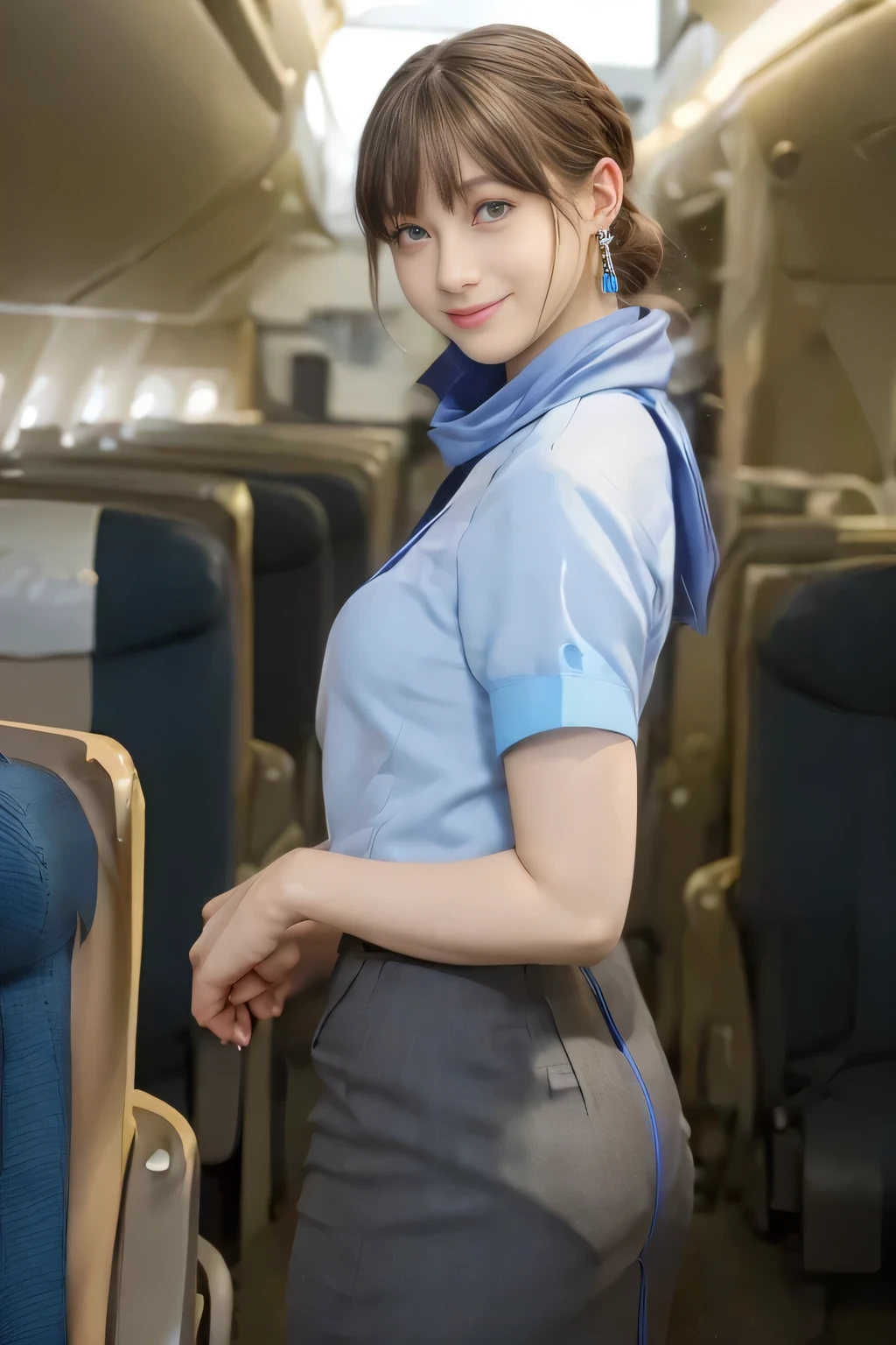 (masterpiece:1.2, Highest quality:1.2), 32k HDR, High resolution, (alone, 1 girl), (ANA cabincrew uniform blue uniform real style), A proper woman, Beautiful Face, Brown Hair, (Long Hair、hair bun), (ANA cabincrew uniform blue uniform blouse:1.05, Light blue scarf、Skirt with blue lines on the buttocks:1.1, pantyhose),、(long hair that reaches to the feet)、Perfect slim body:1.1, Huge breasts, huge breasts cleavage, Detailed skin texture, Beautiful Eyes, (smile:1.2), necklace、Earrings、(forward leaning posture:1.5), On the roof of a building, Rooftop in the daytime,Blue eyes、Hands fold underneath