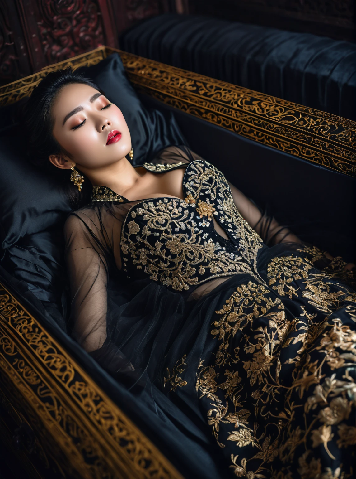 In a striking 8K HDR scene, a stunning Korean woman, 22 years old, lies peacefully in a black coffin surrounded by plush pillows. The deep box is set against a rich black background, accentuating the beauty of the subject. Her exquisite deep-V neckline kebaya attire is embroidered with superb detail, showcasing her round and firm breasts, perfect cleavage, and beautiful eyebrows. Her closed eyes and mouth give an air of serenity, while her visible and absolute cleavage leave nothing to imagination. The scene is bathed in saturated colors, highlighting every intricate aspect from the ball skirt to her clean face, straight body, detailed hand perfect hands, straight body, own hands together, own hand on stomach, detailed hands, perfect hands.