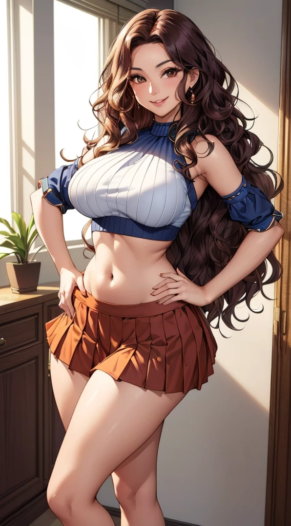 A full-color half-body portrait of the ideal beautiful Hispanic woman (((24 years old, wavy hair, wide hips, big butt, sultry, flirty smile, flirty eyes, flirty expression, perky breasts, hands on her hips, crop top and pleated skirt))) comforting the viewer, Highly detailed eyes, in an apartment