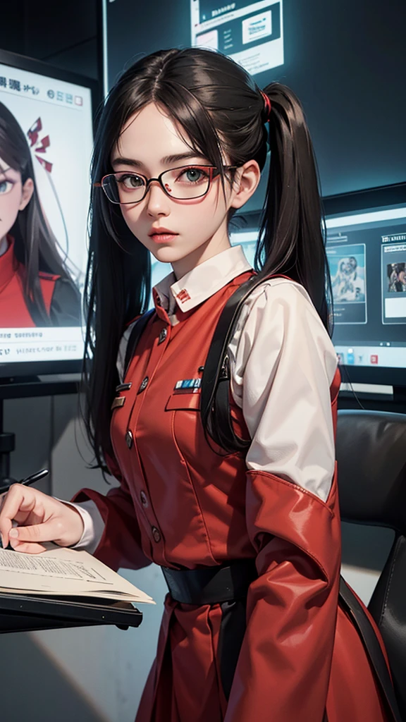 (Highest resolution),(Beautiful picture),Sci-fi movie poster,(สไตล์ภาพscience fiction),(best quality),(Masterpiece),(three dimensional face),(Maximum face detail),((semi-realistic)), Maximum face resolution,22 years old,Slim woman, good figure,east asian people,small breasts, black hair, Two pigtails,green eyes,red glasses,serious face, (high military uniform), long skirt,red coat,White long-sleeved collared shirt ,future,science fiction