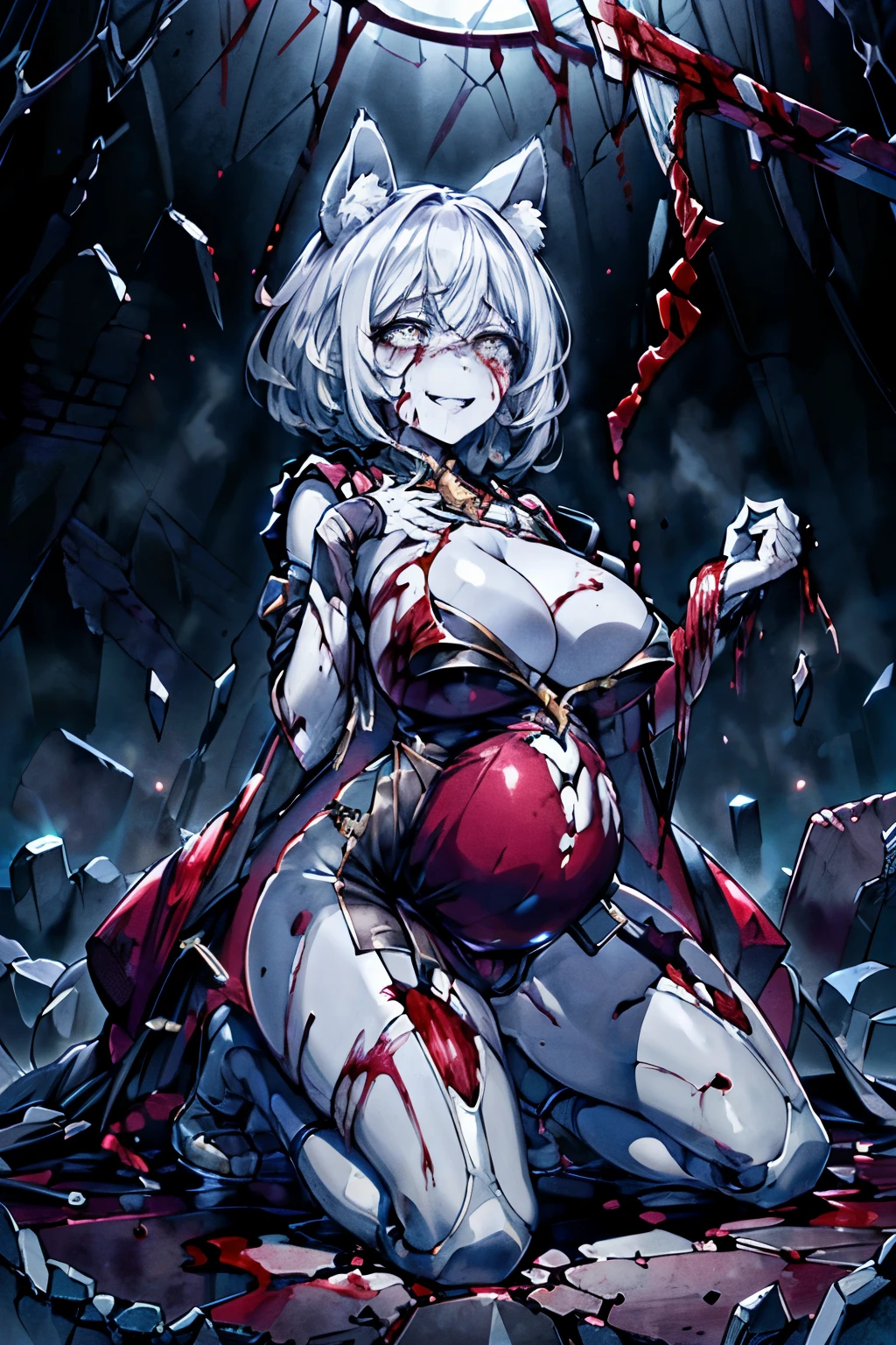 masterpiece, best quality, high resolution, 1 busty girl, Solitary, Animal ears, White的头发, Short hair details, Brown eyes, end,Huge cleavage, Umbilical cord, White, Vest, Lopez, (((Upper part of the body))), eternal, Grin, ((Blood on the face)), Hands were covered in blood, murderer, Cleavage close-up, Perfect Anatomy, ((Balanced lighting)),Full body portrait,Penetrated by a huge object,Painful expression,cry,Body tremors,,Pregnant women with,Dead baby,,Falling to the ground,Kneel down,Camel toe
