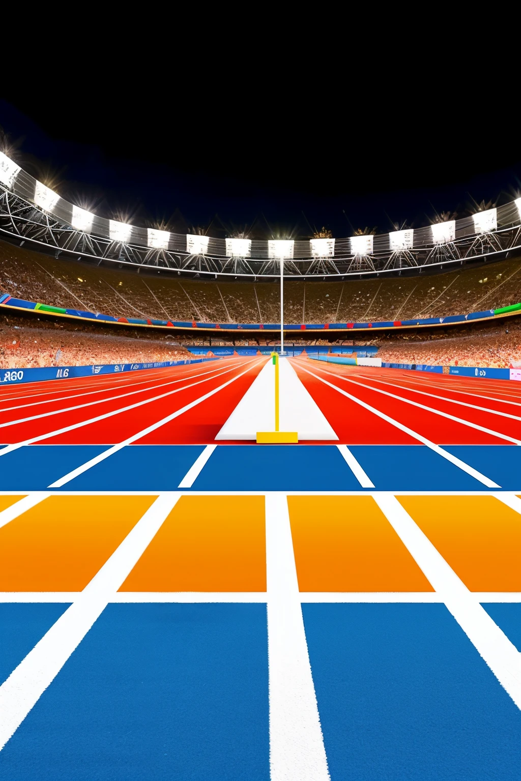A single white LED bulb crossing the finish line and achieving victory in an Olympic stadium, depicted in 3D style.
