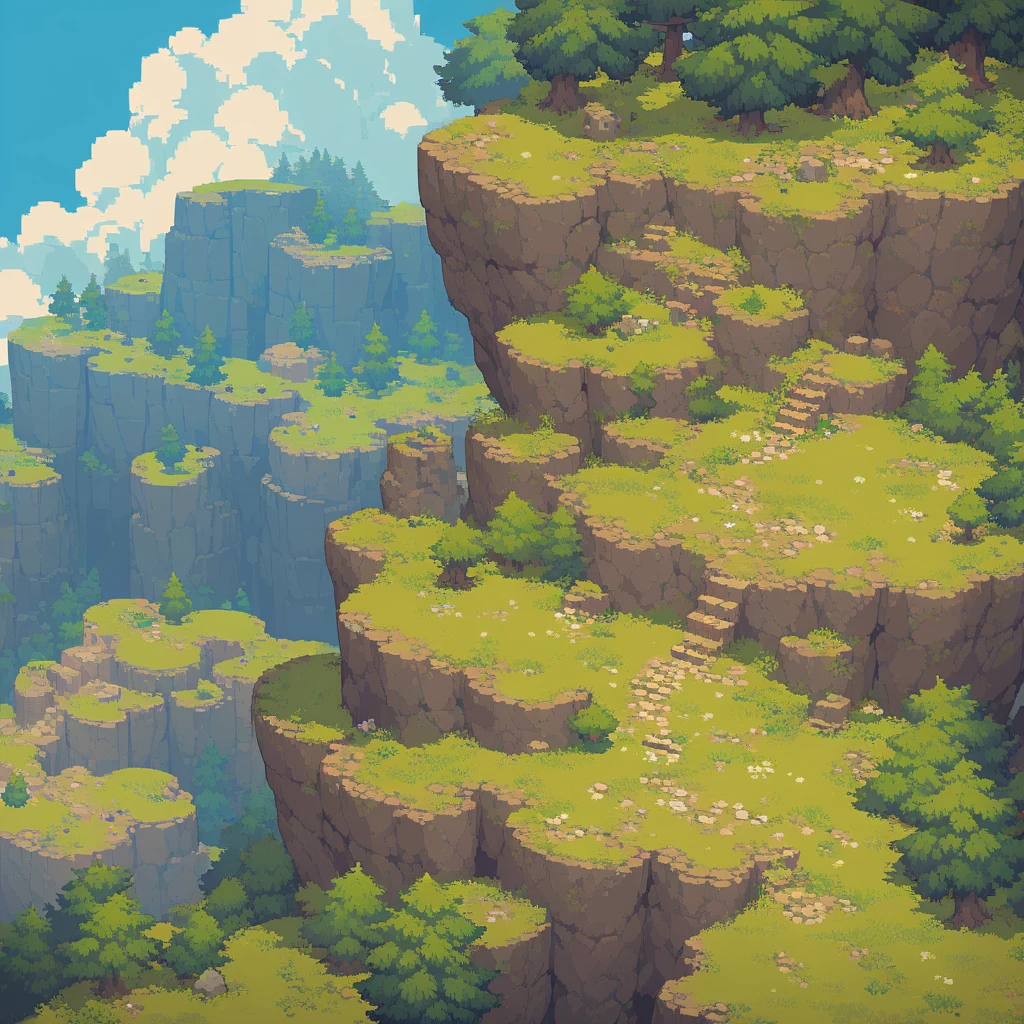 retro video game style,pixelated, vibrant colors,8-bit characters,blocky shapes,sharp lines,detailed shading,classic gaming vibe,nostalgic atmosphere,classic arcade games,masterpiece:1.2,ultra-detailed,illustration style, 2d texture, stone texture, 4 k seamless mud texture, video game texture, dirt texture, tileset, game tiles, grass, 3/4th perspective trees, 3/4th perspective tileable rock texture, 3/4th perspective tileable cliff formations, tileable trees, topdown view, game texture, game art, tileable texture, very detailed cliff texture, intricate stones, top down view, 3/4th perspective