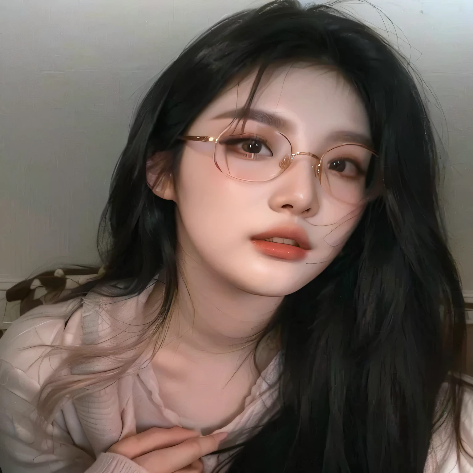 there is a woman with glasses on posing for a picture, with glasses, 18 years old, wavy long black hair and glasses, 2 2 years old, 21 years old, 1 8 yo, with square glasses, 2 8 years old, ningning, beautiful asian girl, with glasses on, korean girl, ning yizhuo, 2 7 years old, aespa, kpop female idol, aespa ningning 