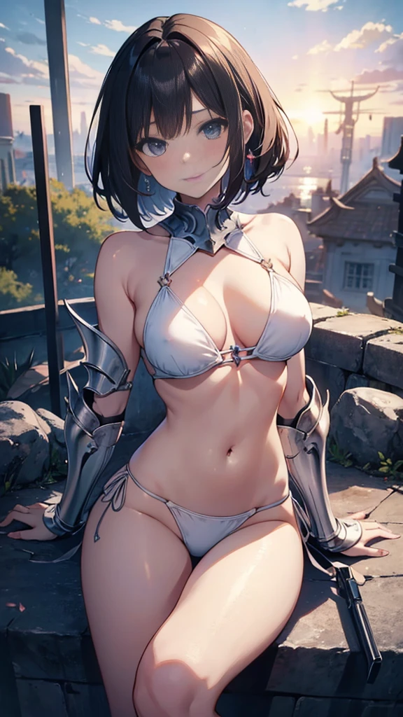 nsfw,8k,Masterpiece,(White Bikini),A woman wearing separate armor,Mature Woman,28 years old,Bikini Armor, The world of fantasy games set in another world,,bed,(on side),Sexy anime characters,Slender figure,Cleavage,belly button,Short Bob Hair,Shy smile,Flushed Cheeks, Knight Girl, Very detailed fan art, Detailed digital anime art, Anime Goddess, Anime illustration, Girl in Armor,Beautiful expression right down to your fingertips,Staring at the audience