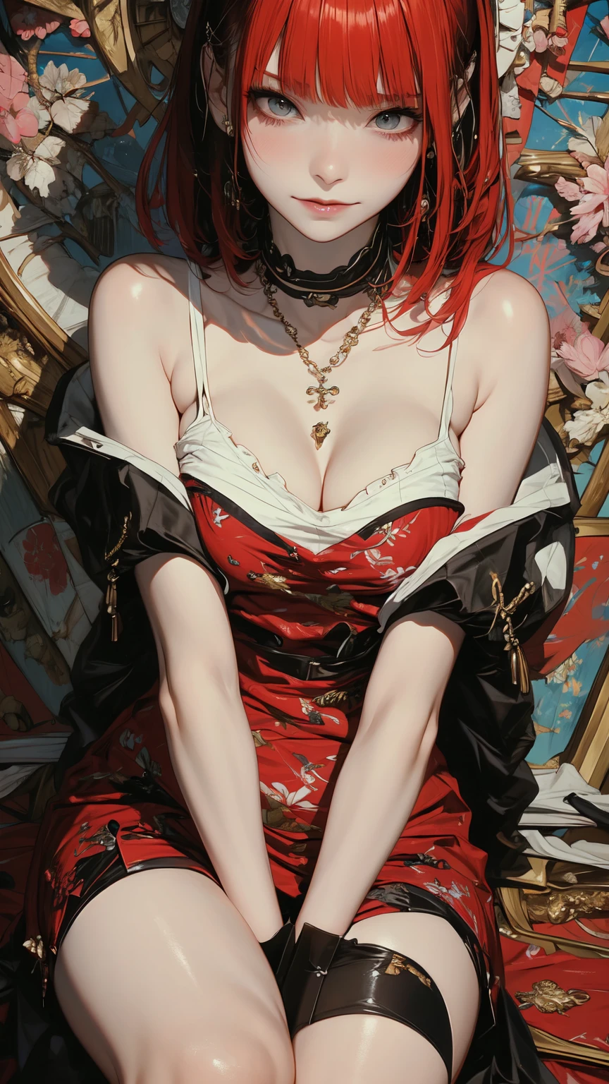 (masterpiece, top quality, best quality:1.2), (1girl), extreme detailed, solo, business sui ,highest detailed, red hair, blush, long hair
