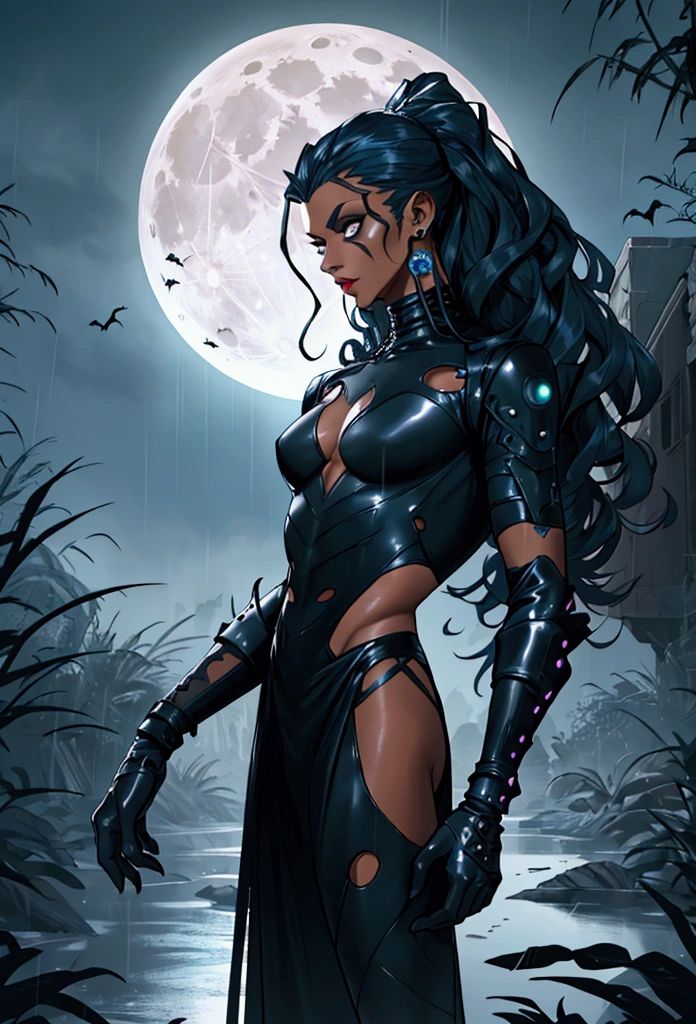 Hole body, skinny male body, clothing, Futuristic drag queen clothing ideas, futuristic goth, lattin drag, tan skin, ultra detailed, swamp, long curly dark blue hair, future goth, future halloween, rain, hole body, sexy, night, full moon
