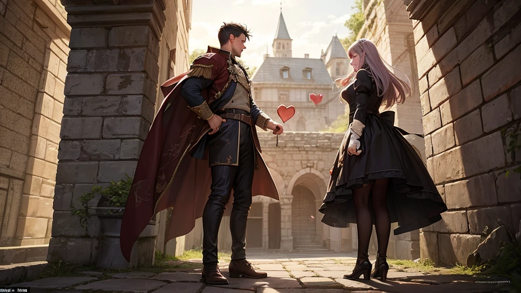 a couple,Walls of an old fortress or castle with hearts engraved on them, symbolizing the love that has withstood the passage of time and hardships. Environment: Nostalgic and epic, evoking the resistance and strength of love in the face of challenges and