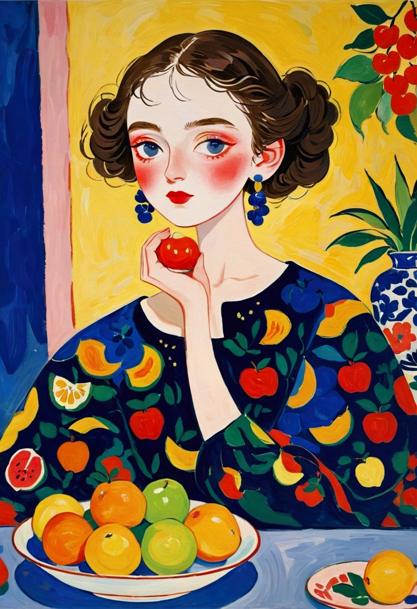 一位妇女Sitting at the table,Painting of a hand holding a bowl of fruit, author:亨利·matisse, inspired Natalia Goncharova, Natalia Goncharova, done in the style of matisse, matisse, Inspired by Konstantin Westchilov, inspired author:亨利·matisse, Andre Derain, Sitting at the table, modern Art, author Andre Derain, Fauvist style