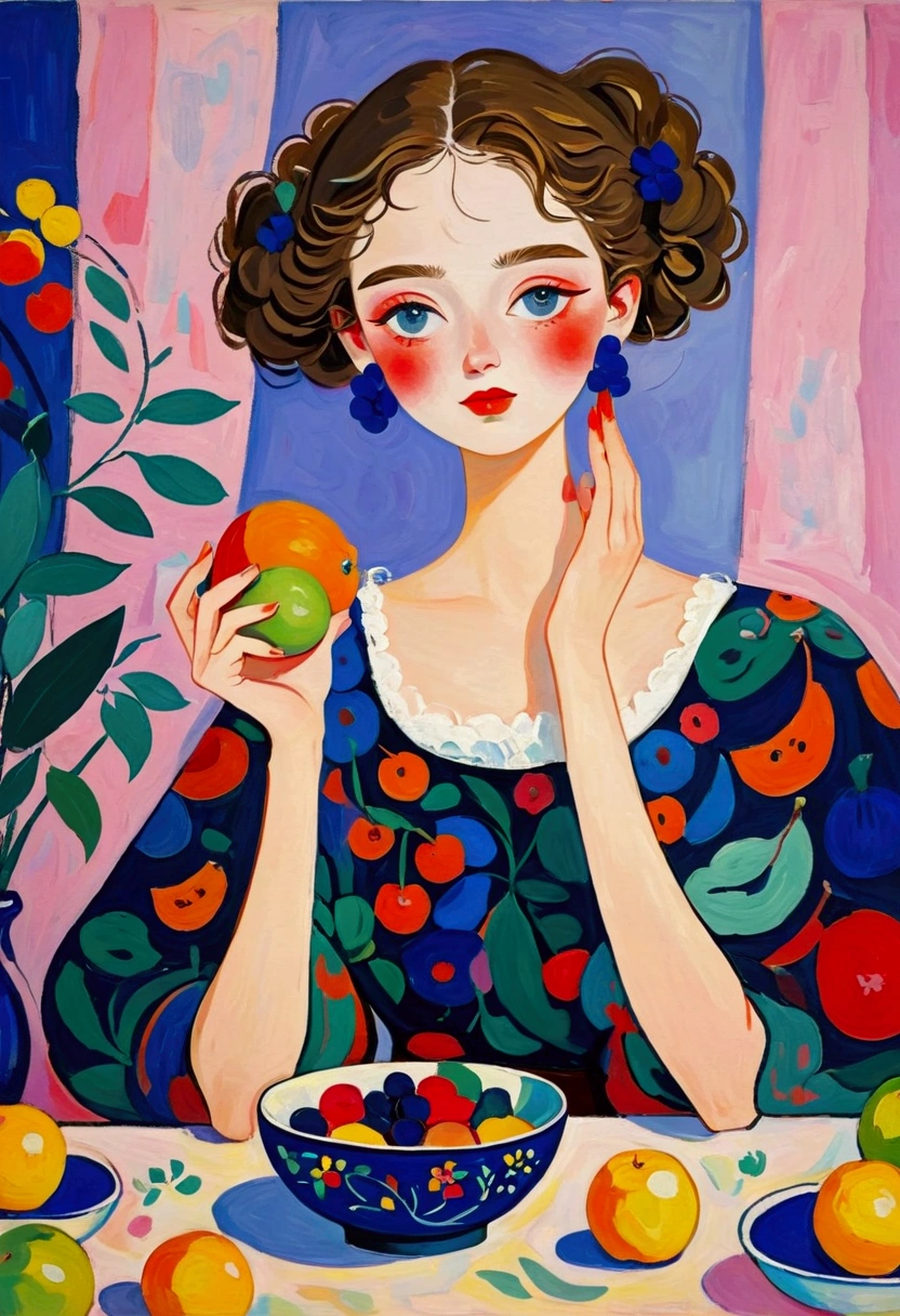 Painting of a woman sitting at a table with a bowl of fruit, 亨利·matisse的装饰艺术, tumblr, fauvism, done in the style of matisse, matisse, Sitting at the table, modern Art, fauvism style, Jean Dupas, Modernist art, Metzinger, Painting of a woman, Kandinsky, kiki picasso style