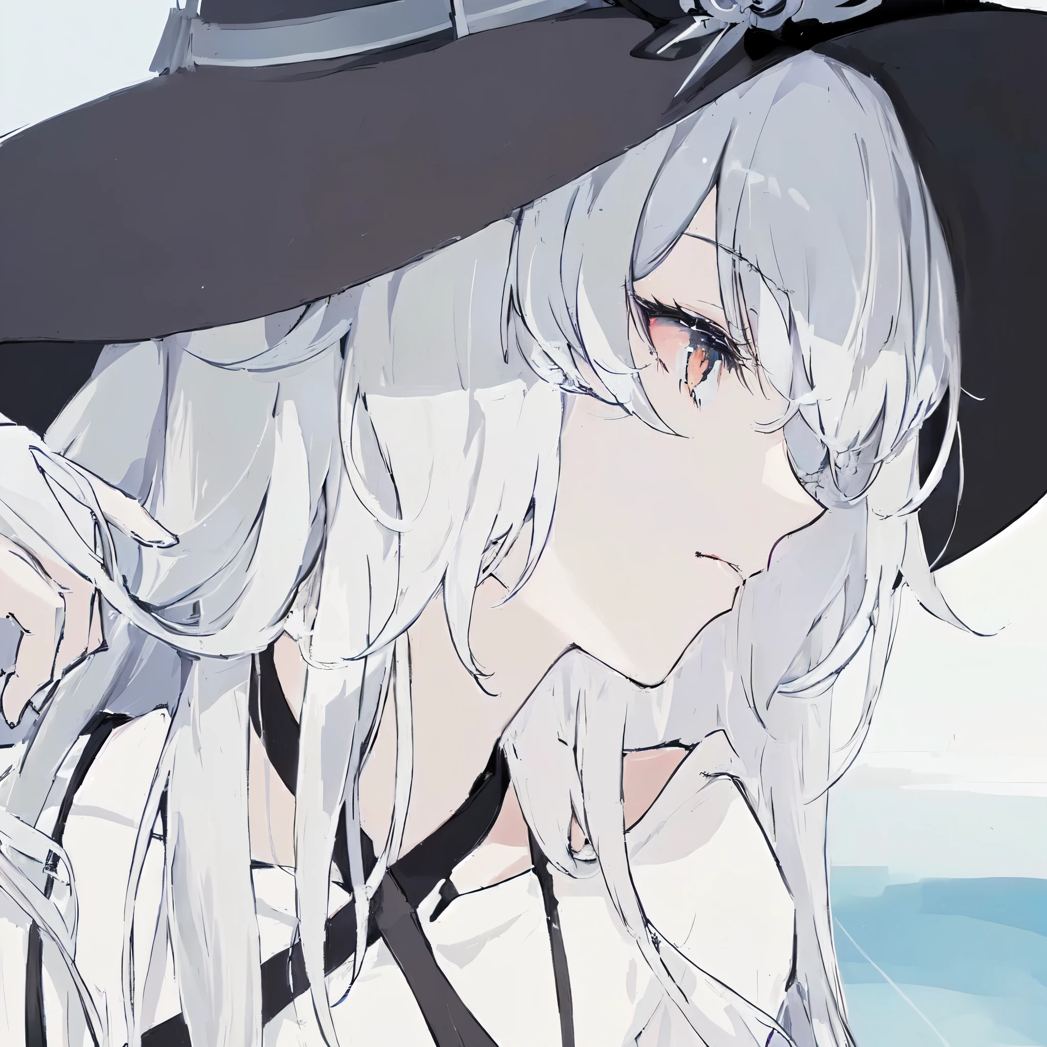 Anime girl with long white hair wearing a black hat, weißhaarig, perfect weißhaarig girl, white-haired deity, weißhaarig lady, by Girlsfrontline, weißhaarig, flirty anime witch casting magic, Hexenakademie, Witches Girl, anime visual of a cute girl, Girl with white hair, detailed anime character art, portrait of a young Witches Girl, silberhaarig