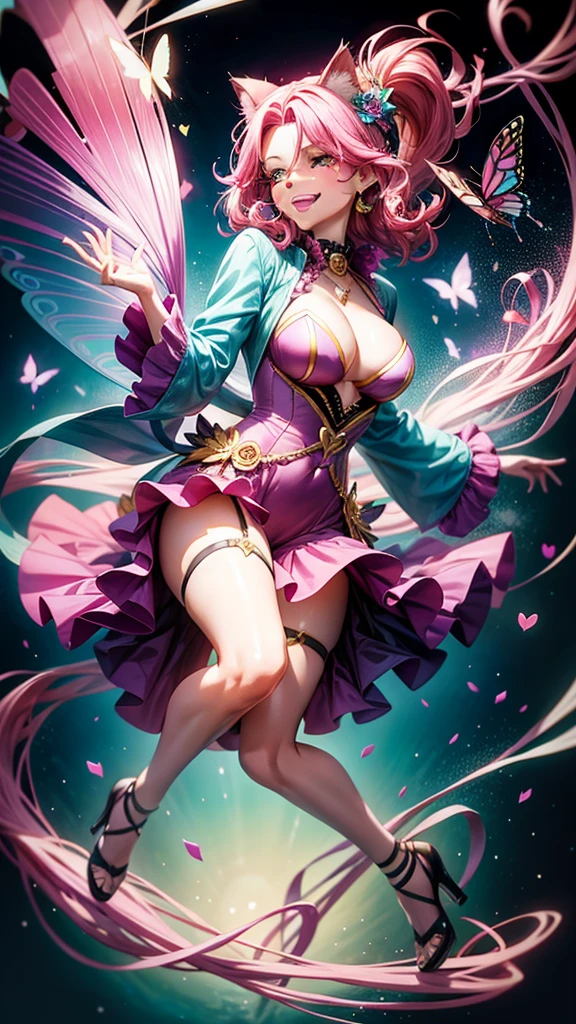 Magenta hair, older woman, cat ears, long hair, smiling face, sexy outfit, butterflies, floating hearts, tropical background, teal, pink, and gold dress clothes