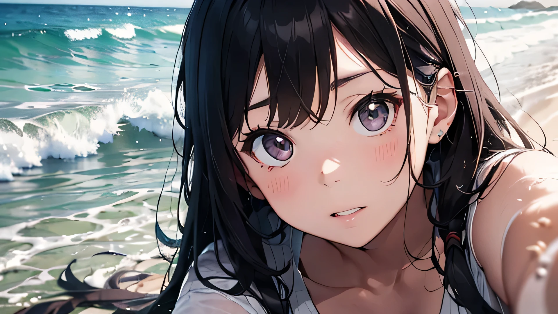 High resolution,
One beautiful young woman,Black Hair、Shortcuts、
(Soft Saturation:1.3), (Fair skin:1.2),
(ultra-Detailed Background, Detailed Background), Bokeh,
break'Portrait of a smiling girl.,
When viewed from the front, The composition is symmetrical,
Looking straight at you with serious eyes,
break Swimwea、, Center of chest,
Outdoor, Sea surface, null, sunlight,Summer beach, Sandy Beach,
Strong light, Front lighting,
(Teen:1.3), (Cowboy Shot:1.2),
Front brake angle,
View your audience,
Dynamic pose,
sitting on the beach