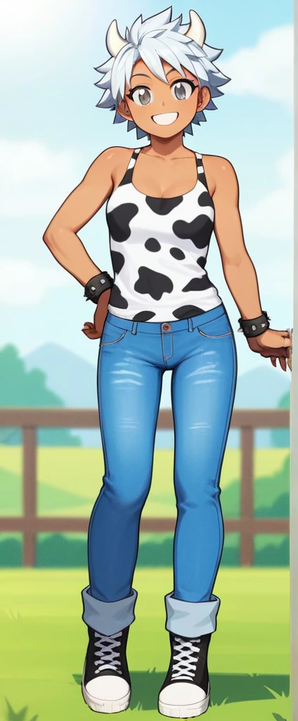 score_9, score_8_up, source_anime, masterpiece, best quality, BREAK 1girl, white horns, white spiked hair, grey eyes, >:) smile, pants, cow print tank top, jeans, meadow