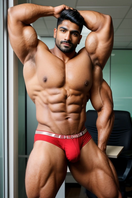 Handsome indian latino masculine strong bodybuilder man with huge wide muscular shoulders, wide chest, abs, masculine wide triceps, arms, biceps, big masculine legs, wide thighs, calfs, black-haired, hair falls on your face, Mesmerizing brown eyes, red underwear, in office