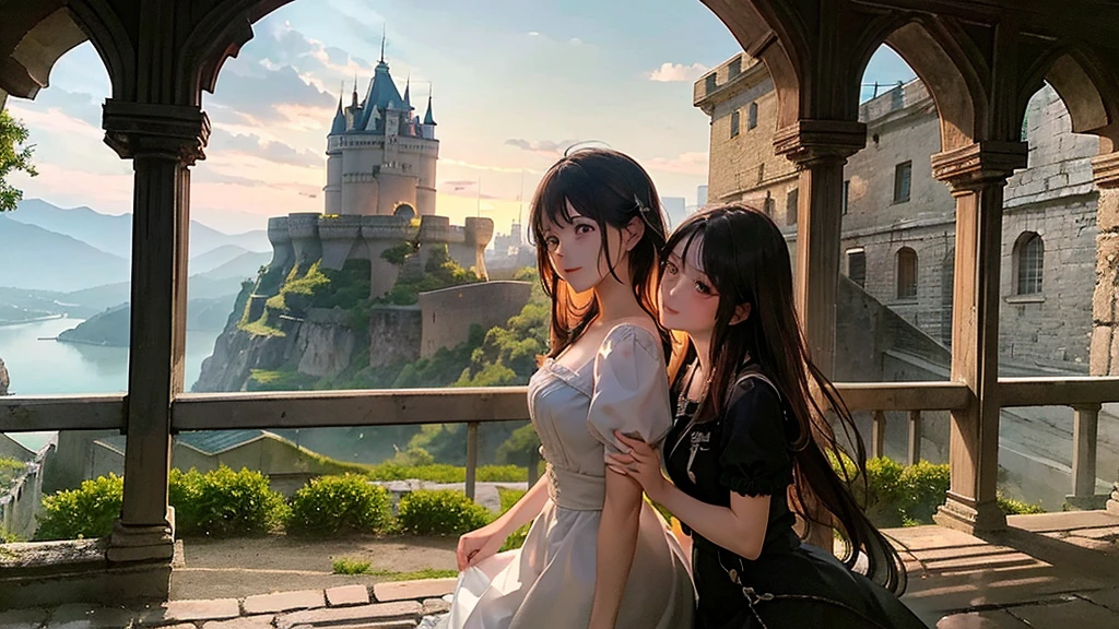 a couple,Walls of an old fortress or castle with hearts engraved on them, symbolizing the love that has withstood the passage of time and hardships. Environment: Nostalgic and epic, evoking the resistance and strength of love in the face of challenges and
