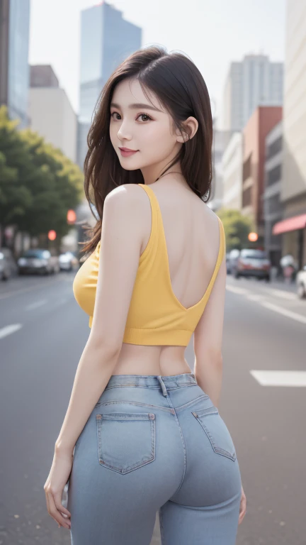 ((huge breast:1.1))、Glowing Skin、Oily skin, Glowing Skin、Shiny skin)、(Highest quality),(Very complicated:1.3), (Realistic), One Girl, Mature Woman, White, Green Eyes, Perfect Eyes, Perfect Iris, The perfect student, Perfect Lips,Perfect Nose, Perfect hands, Extremely elaborate hands, Perfect Fingers, Black Hair, Long Hair, Straight hair, Detailed professional photos of beautiful women, Sharp focus, Awards, Cinema Lighting, Blurred Background,  ((Confident)), (Pause:Looking into the camera),((Sleeveless yellow top))、((White skin-tight denim pants))、((full body))、((Cityscape))、smile、Healthy Thighs、((Back view))、((Panties are showing through))、(((Panty lines)))