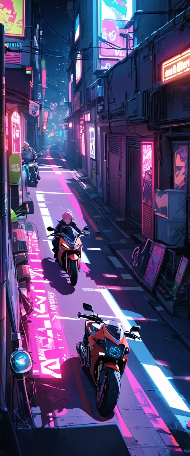cyber punk、Near future、night、alley、tobacco、20Old Man、short hair、Pink Hair、characteristic、Motorbike、neon、Shadow、4K