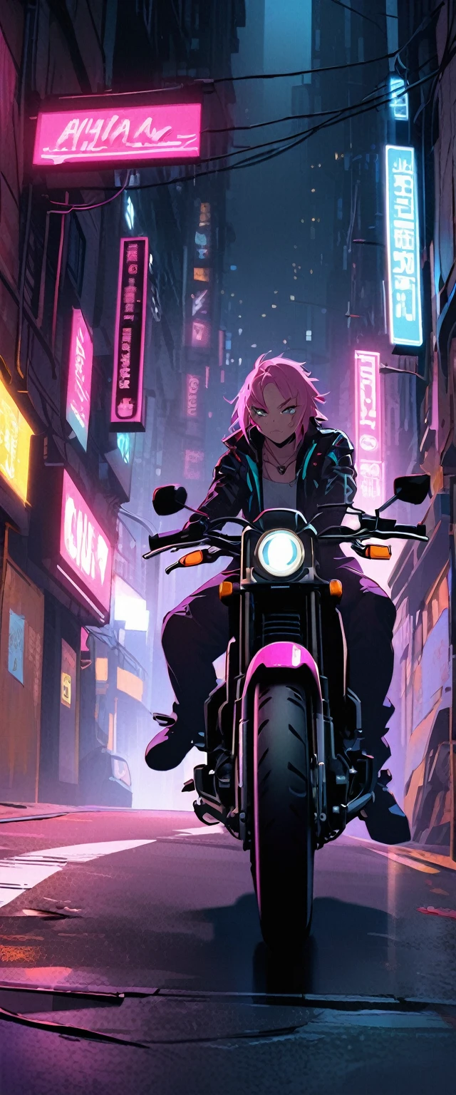 cyber punk、Near future、night、alley、tobacco、20Old Man、short hair、Pink Hair、characteristic、Motorbike、neon、Shadow、4K