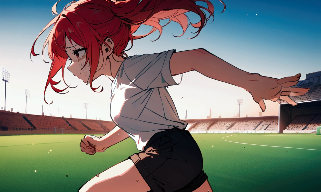 Red hair, girl, white t-shirt, pained face, soccer field, running, black half pants, distant view
