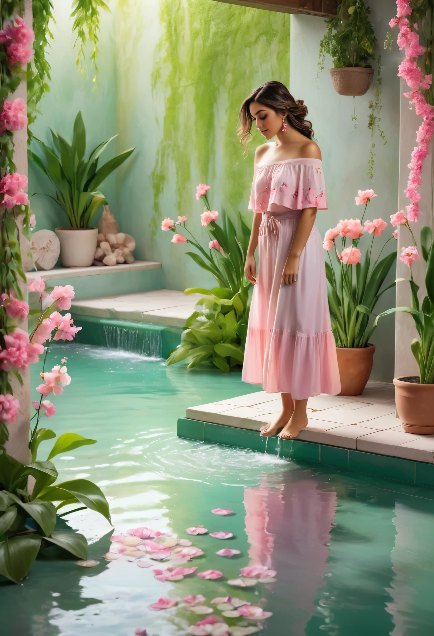 Detailed description of the visual element，The color palette is a mix of soft pastels and vibrant spring colors like green.，pink color，This combination evokes blooming flowers and fresh foliage.，Perfect for spring theme，High-quality images integrated into salon interiors，Peaceful environment，Mexican woman standing on the water，Water splashes on the floor of the girl，Some stones have flowers on them，exudes fragrance，Includes before and after photos of customers who received spring makeovers，To highlight the salon&#39;s services，Use elegant script fonts for titles to convey elegance，And use a modern sans serif font for body text，To ensure readability and modernity， Black Curly Hair，Wearing a bright red salwar suit，focus，Close Range，Watch，Close your eyes，Surround her with spring graphics，For example, flowers and butterflies，Symbolizes the changing seasons and the essence