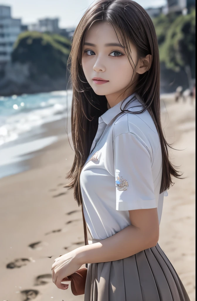 ((masterpiece)), ((Highest quality)), ((High resolution)), ((Ultra high definition)), ((Highly detailed 8k raw photos:1.5)), alone, beautiful girl, Brown uniform, Black Skirt, White socks, Outdoor, Soft skin texture, Perfect Face, ephemeral, Beach, Hanging hair, Parted hair, Platinum Silver Silky Long Hair, hot,Summer sunshine,Lens flare,Depth of written boundary, Professional photography, 