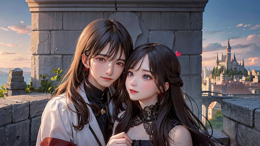 A Man and a Woman,Walls of an old fortress or castle with hearts engraved on them, symbolizing the love that has withstood the passage of time and hardships. Environment: Nostalgic and epic, evoking the resistance and strength of love in the face of challenges and