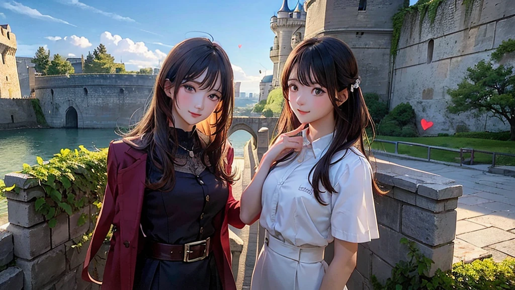 A Man and a Woman,Walls of an old fortress or castle with hearts engraved on them, symbolizing the love that has withstood the passage of time and hardships. Environment: Nostalgic and epic, evoking the resistance and strength of love in the face of challenges and