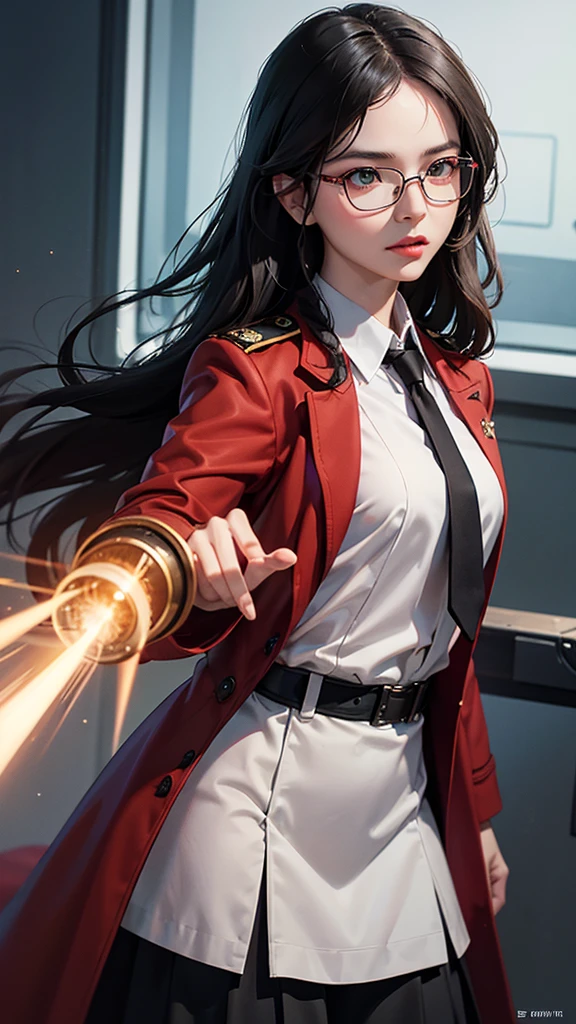 (Highest resolution),(Beautiful picture),Sci-fi movie poster,(สไตล์ภาพscience fiction),(best quality),(Masterpiece),(three dimensional face),(Maximum face detail),((semi-realistic)), Maximum face resolution,22 years old,Slim woman, good figure,east asian people,small breasts, black hair, Tie two braids,green eyes,red glasses,serious face, (high military uniform), long skirt,red coat,White long-sleeved collared shirt ,future,science fiction
