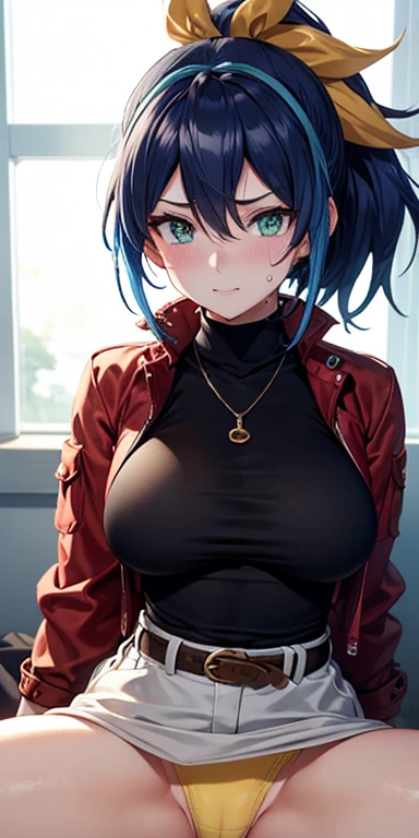 1 Female,High definition,high resolution,Ultra-realistic,8K, aaserena, yellow ponytail, ((multicolored hair)), red jacket, black shirt, belt, white skirt, tight skirt, miniskirt ,jewelry,European,sexy,Upper body close-up,Photographed from the front,Dynamic Angles,blush, medium tits, happy, wink the eye,facial, sweat,multicolored hair ,(wide thighs:1.4),(yellow panties),(show panties), sitting,spread legs,cameltoe 