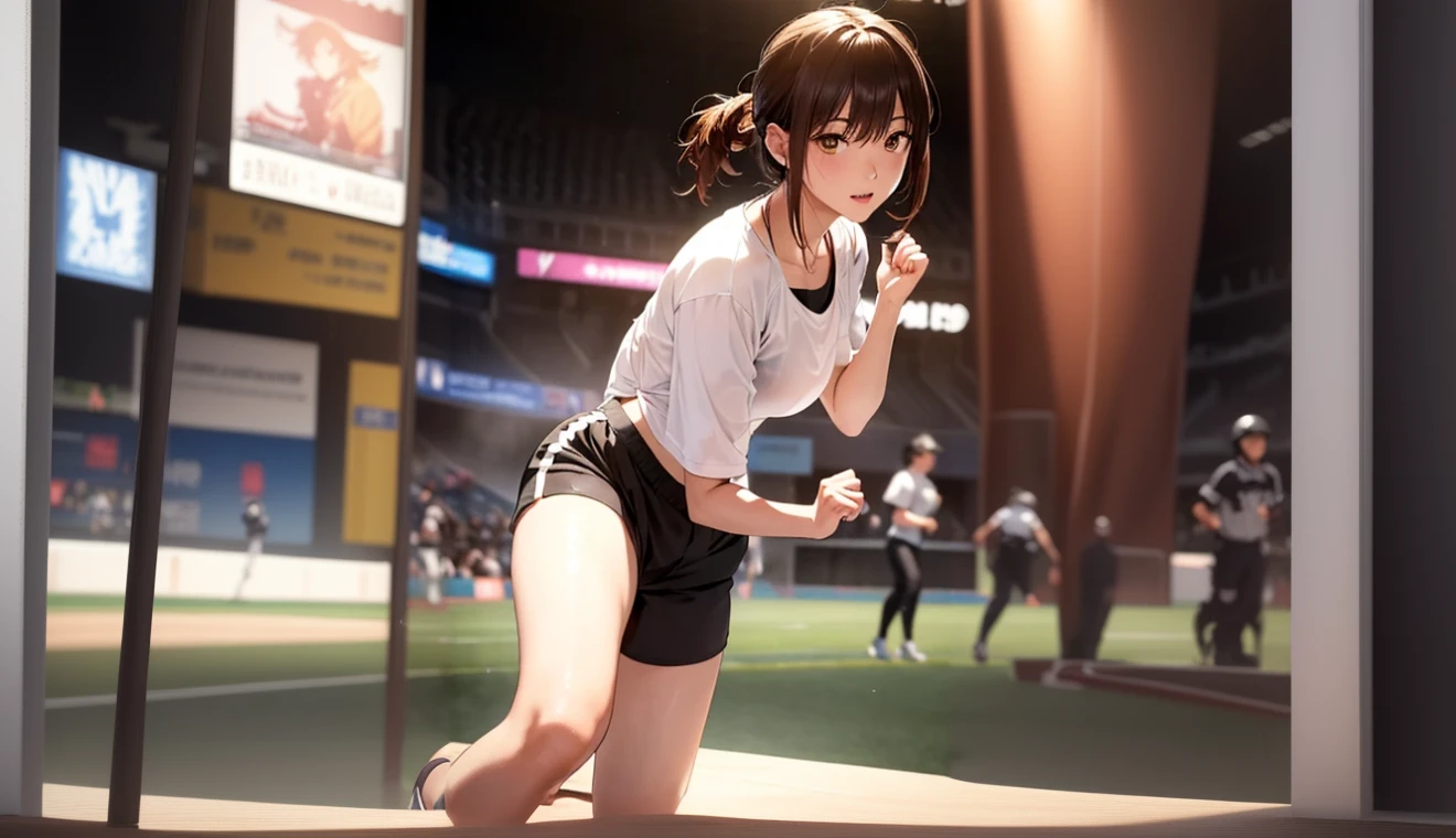 anime girl in a baseball uniform posing for a picture, the anime girl is running, realistic anime 3 d style, photorealistic anime girl render, akihiko yoshida. Unreal Engine, smooth anime cg art, photorealistic anime, 3 d anime realistic, Trending on cgstation, makoto shinka, Surreal , Game CG, anime. Soft lighting