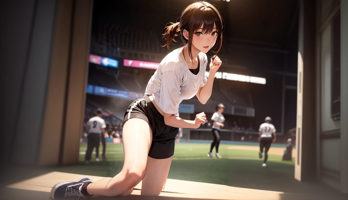 anime girl in a baseball uniform posing for a picture, the anime girl is running, realistic anime 3 d style, photorealistic anime girl render, akihiko yoshida. Unreal Engine, smooth anime cg art, photorealistic anime, 3 d anime realistic, Trending on cgstation, makoto shinka, Surreal , Game CG, anime. Soft lighting