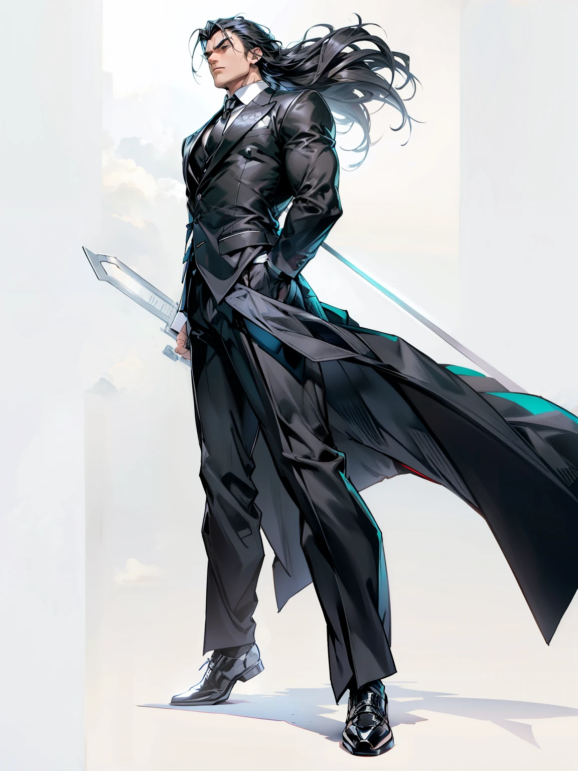 Solo, 1 man, Serious face, ((muscular)), wearing black long suits, ((black ties)) black pants, black hair, (((hand behinds back))), levitate on sky, blue sky, cloud
