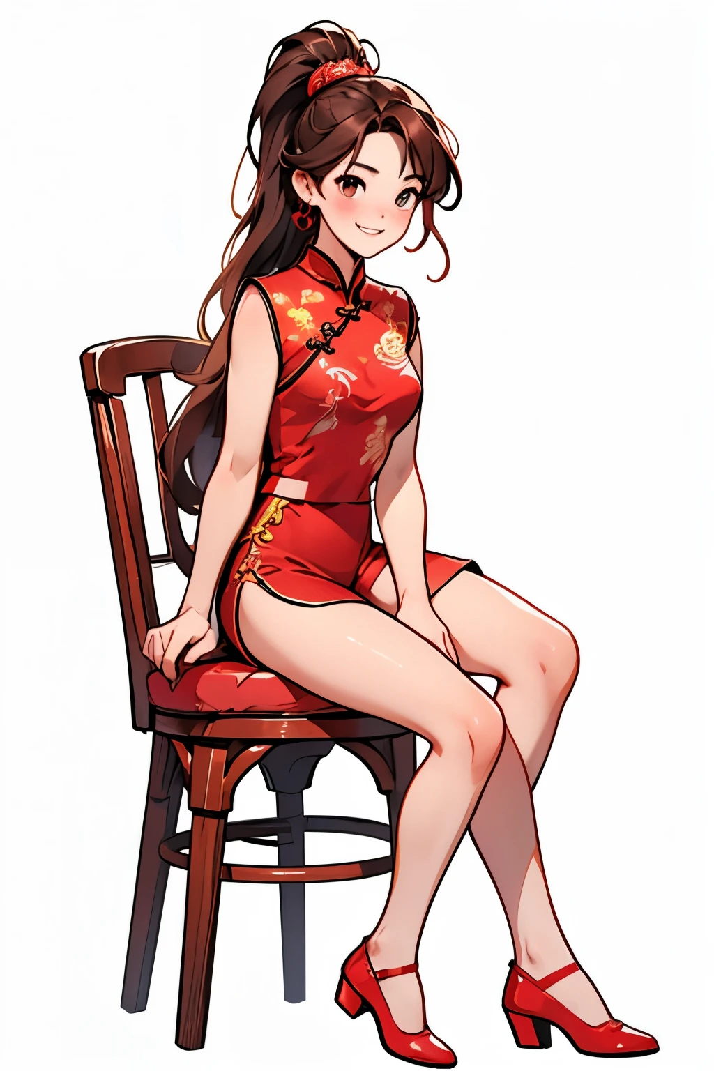 Reference table, Chinese skinny cheongsam，Red cheongsam，((Red shorts))，(Show your arms) ，Matching Clothing, ((best quality)), ((masterpiece)), (Full body),(A woman）,Long hair，High Ponytail，Lots of hair，(Sit all over the body,sit on the chair)Red embroidered shoes， Clear facial features，Smile，Clean lines design，Transparent Background， Clear facial features，beautiful眼睛，beautiful脸庞, beautiful, (((White background))) , ((No light))), Random Hairstyle, Brown hair, random eyes color