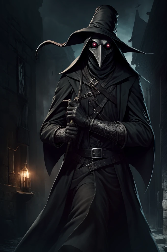 Crazy looking plague doctor with three arms