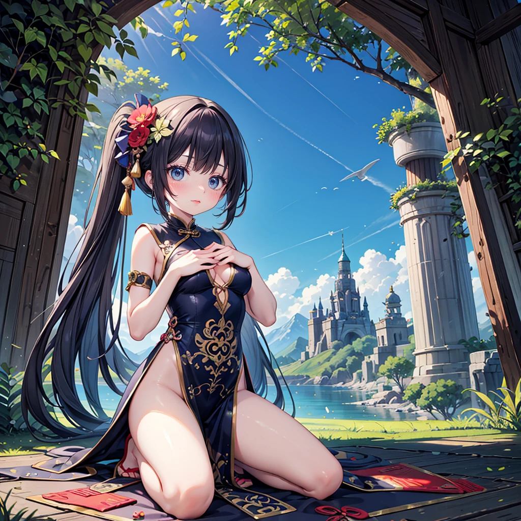 solo, 1 beautiful girl wearing chinese fantasy clothes, kneeling pose, stunning beautyful nature fantasy world background, panorama view